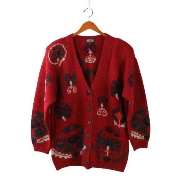 Lands End Sweaters - Lands End Vintage Handknit Wool Red V-Neck Cardigan Sweater M